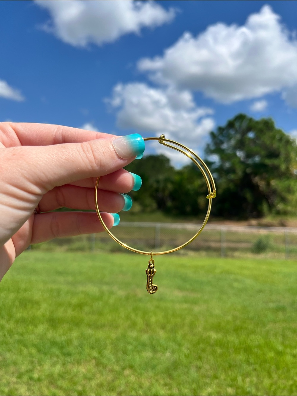 Handmade Gold Charm Bangle Bracelet with the letter J
